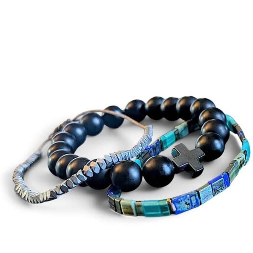 3pc Natural Hematite & Tila Bead Bracelet Stack | Black Cross | Turquoise Blue